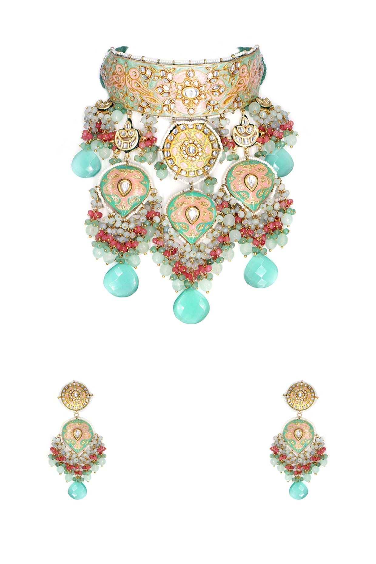 Gold Finish Aqua Kundan Polki & Semi-Precious Stone Choker Necklace Set