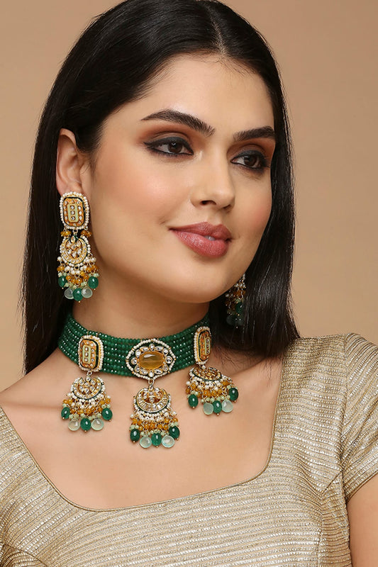 Gold Finish Green Kundan Polki & Semi-Precious Stone Choker Necklace Set