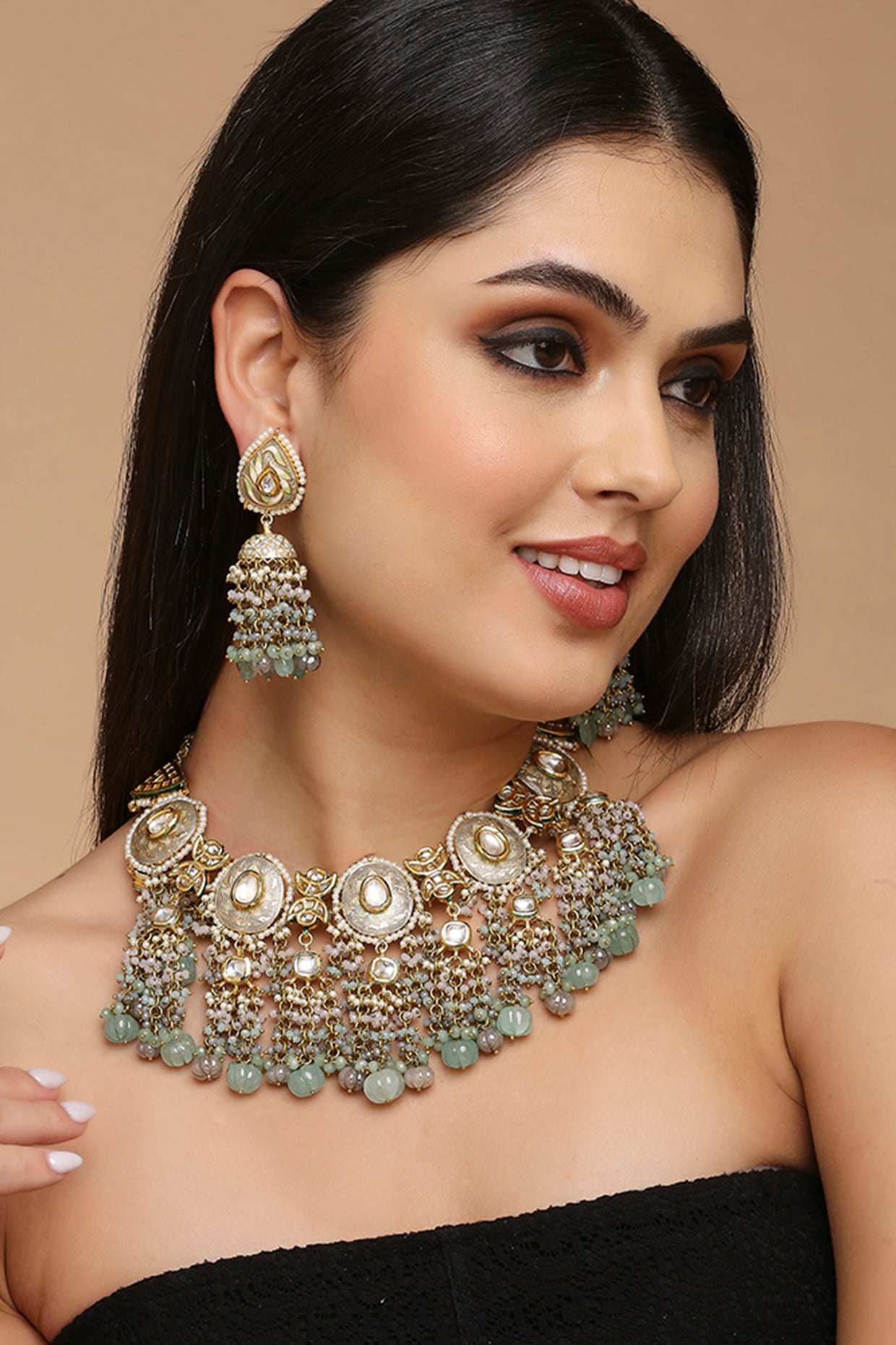 Gold Finish Aqua Kundan Polki & Semi-Precious Stone Necklace Set