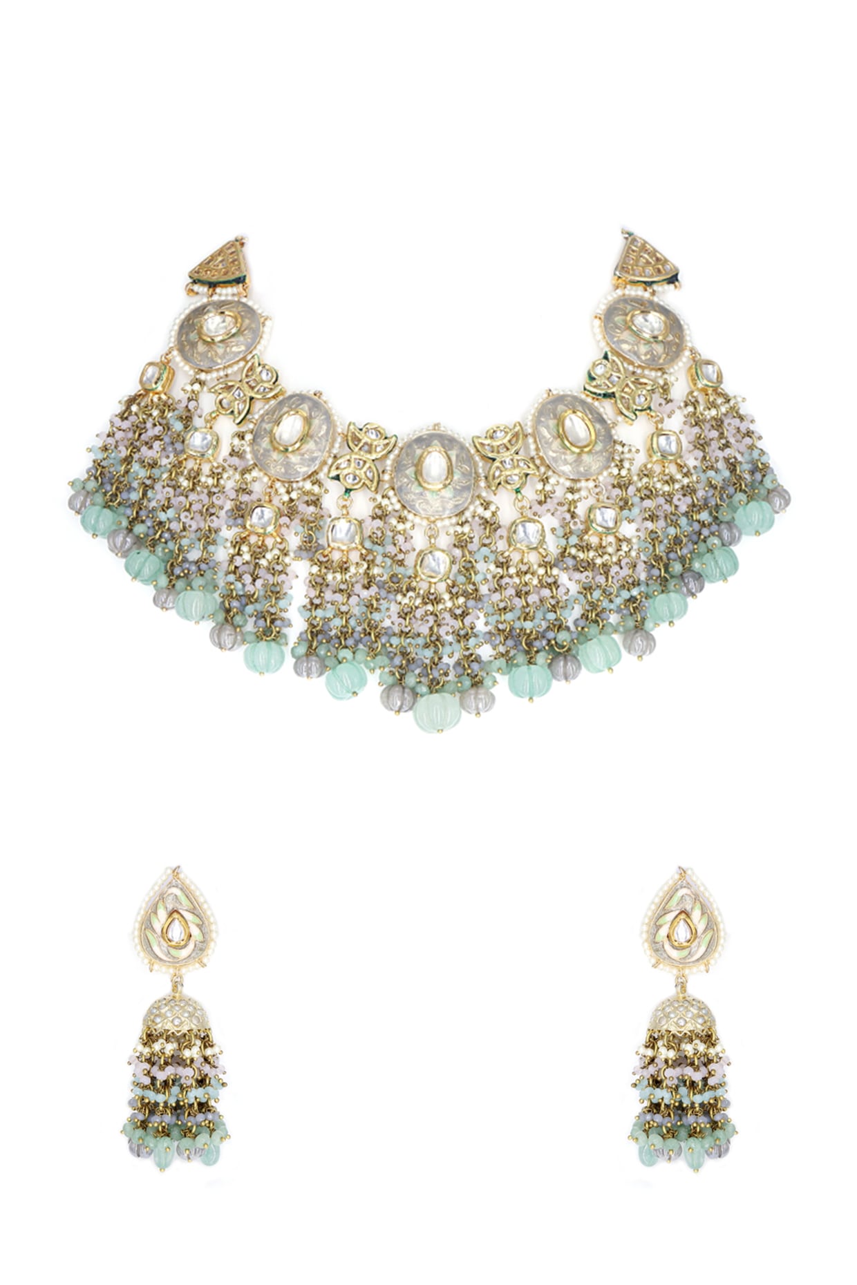 Gold Finish Aqua Kundan Polki & Semi-Precious Stone Necklace Set