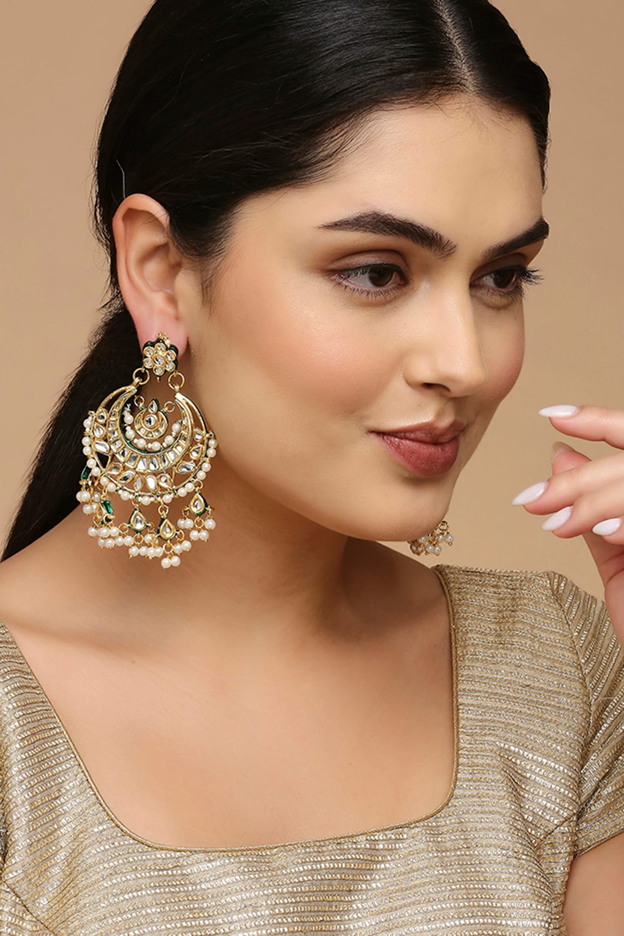 Gold Finish Kundan Polki Chandbali Earrings