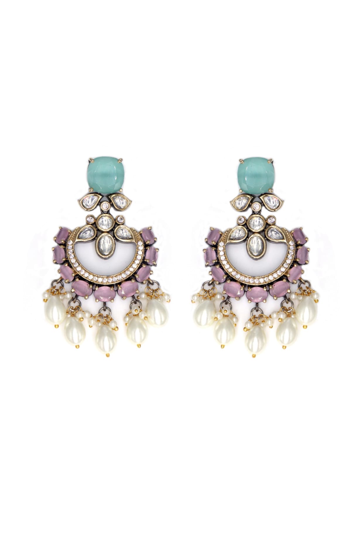 Two Tone Finish Kundan Polki Chandbali Earrings