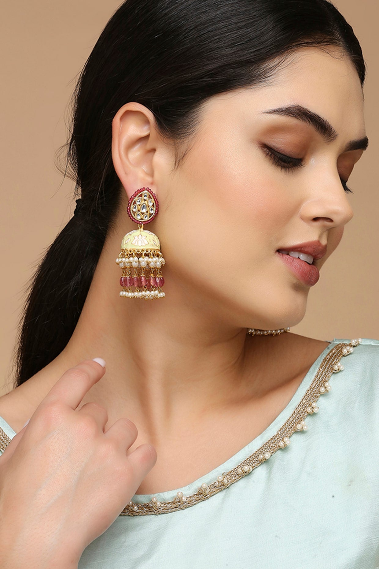 Gold Finish Kundan Polki Meenakari Earrings