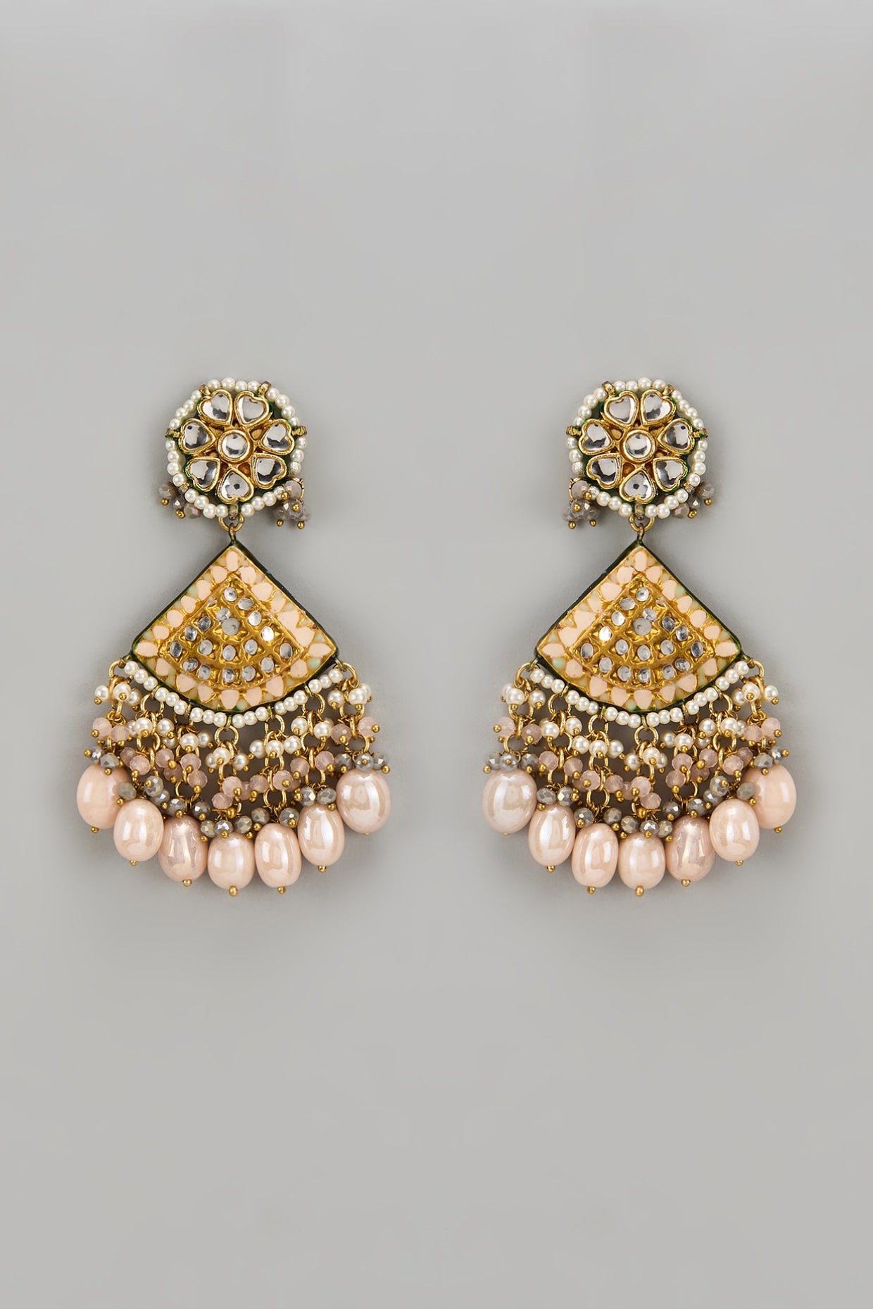 Gold Finish Peach Kundan Polki Dangler Earrings