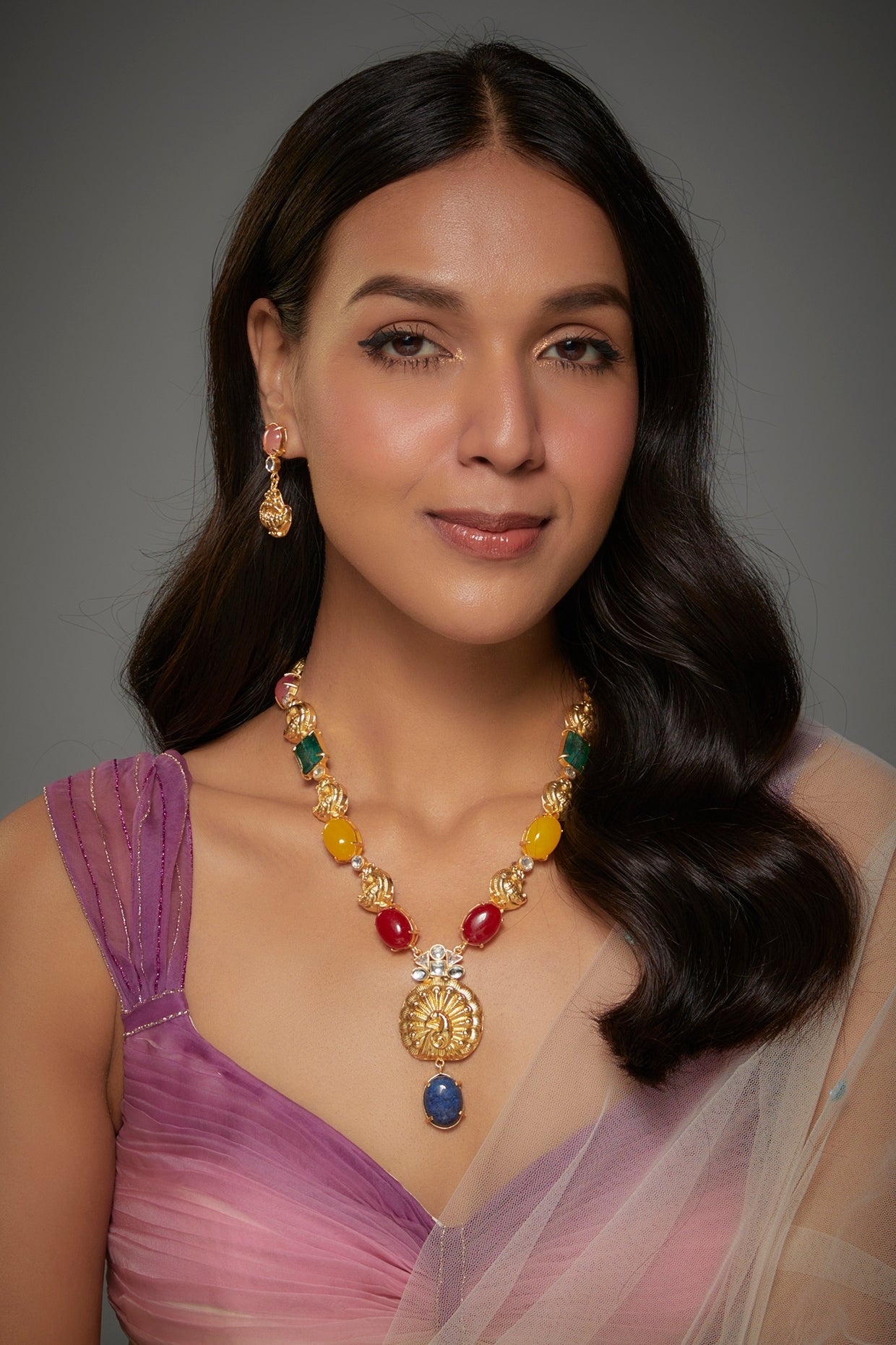 Gold Finish Kundan Polki & Semi-Precious Stone Necklace Set