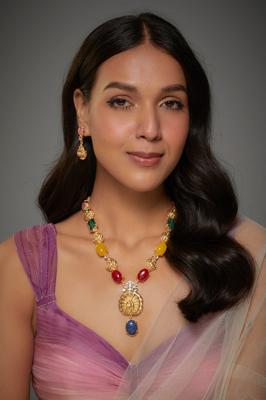 Gold Finish Kundan Polki & Semi-Precious Stone Necklace Set