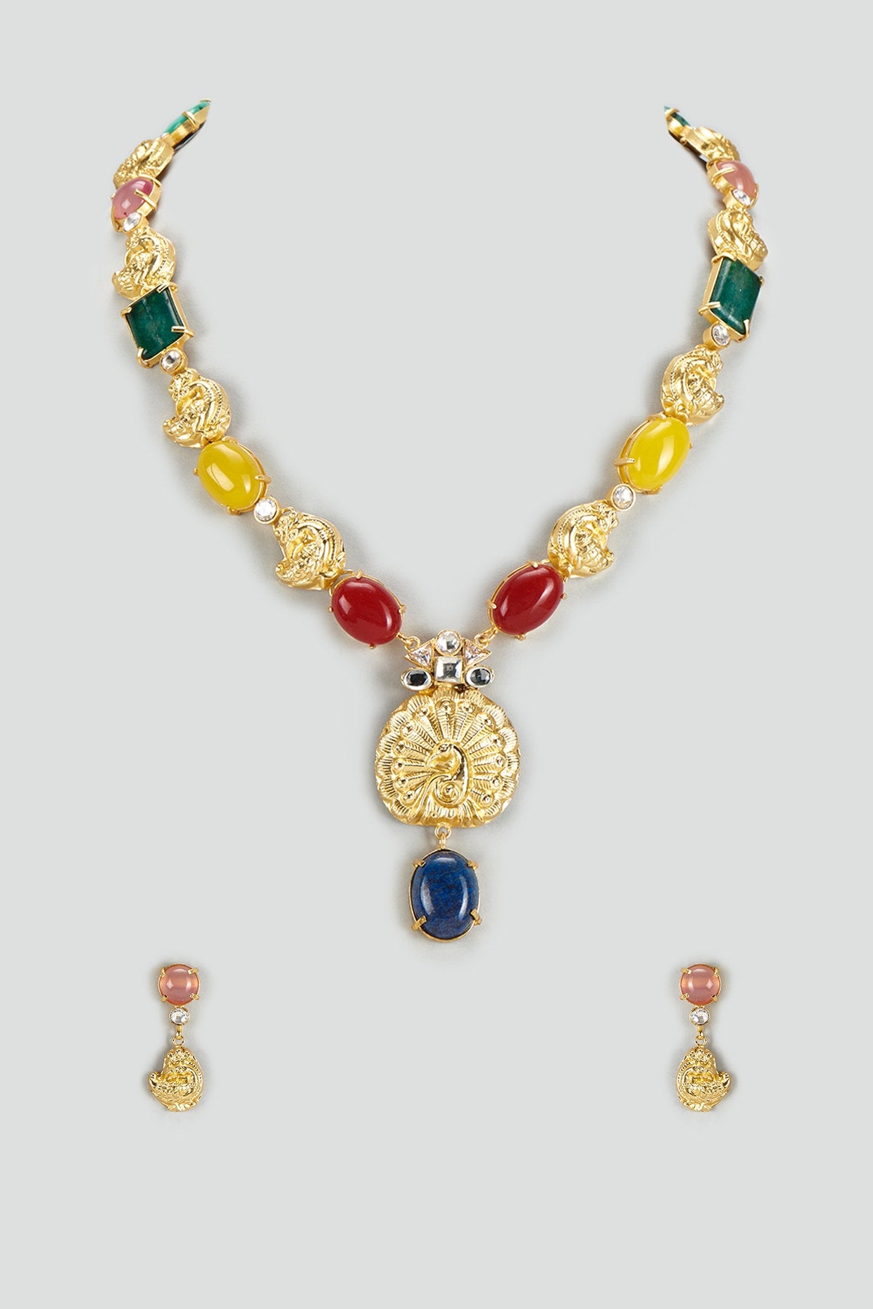 Gold Finish Kundan Polki & Semi-Precious Stone Necklace Set