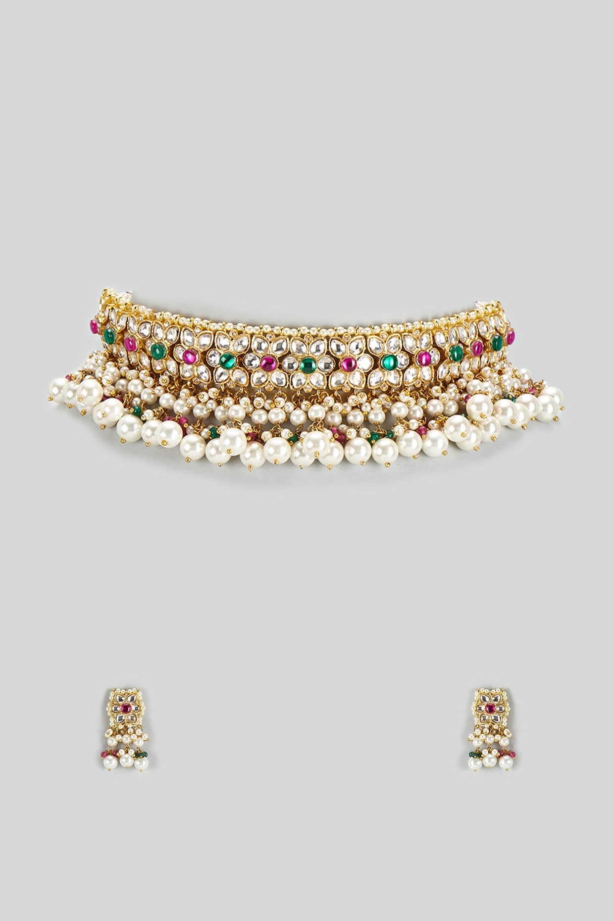 Gold Finish Kundan Polki & Semi-Precious Stone Choker Necklace Set