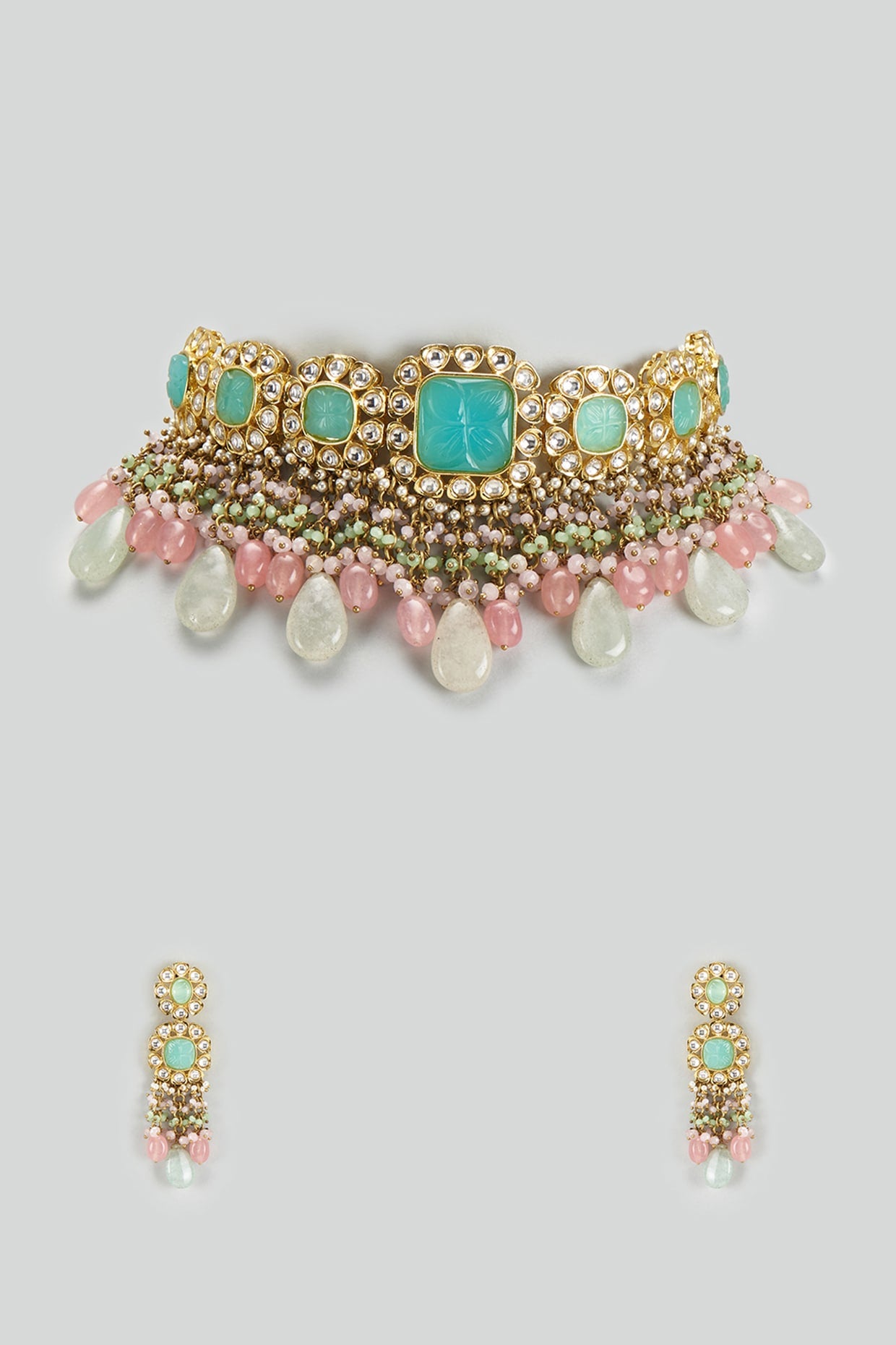 Gold Finish Kundan Polki & Semi-Precious Stone Choker Necklace Set