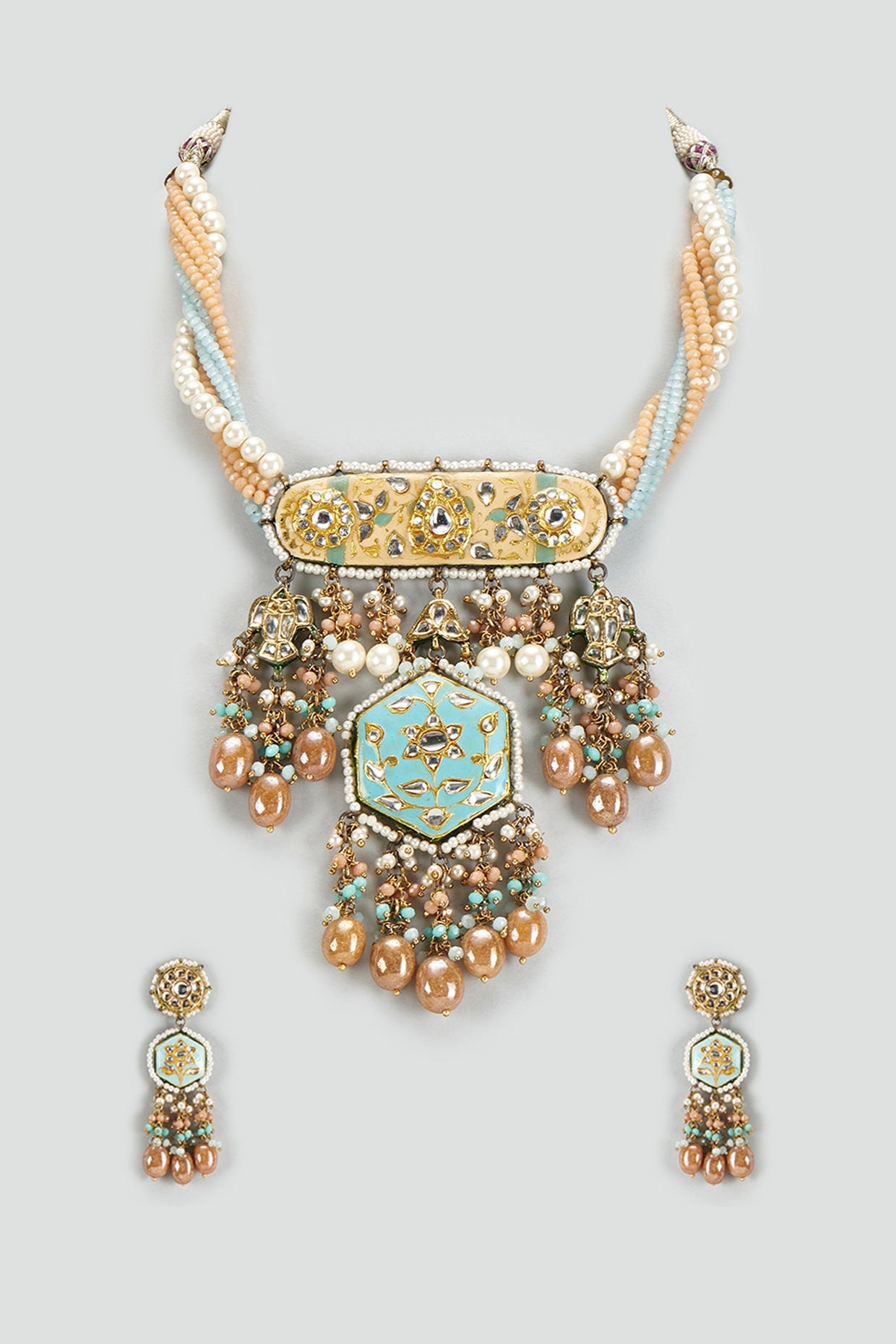 Gold Finish Kundan Polki & Semi-Precious Stone Necklace Set