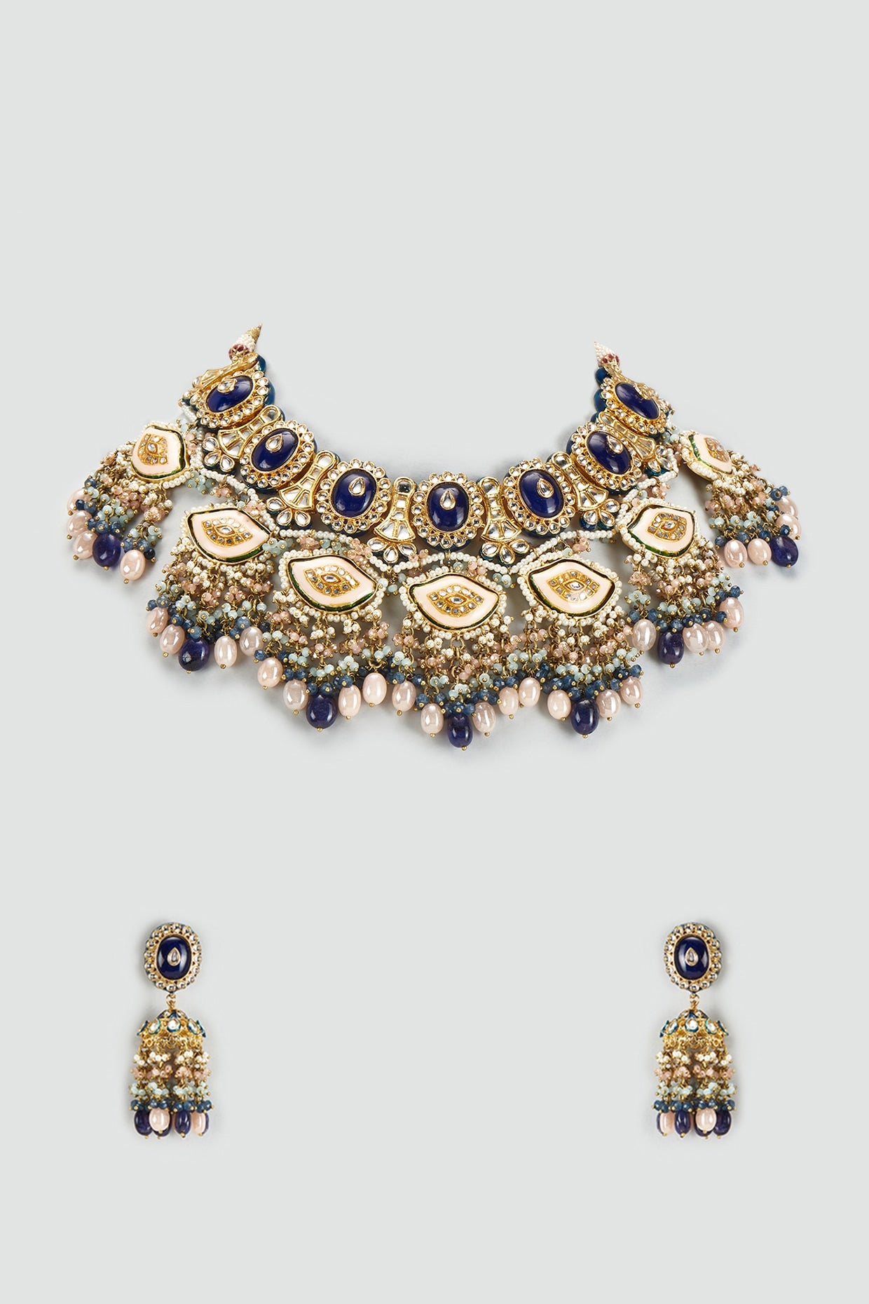 Gold Finish Kundan Polki & Semi-Precious Stone Necklace Set