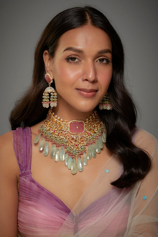 Gold Finish Kundan Polki & Semi-Precious Stone Necklace Set