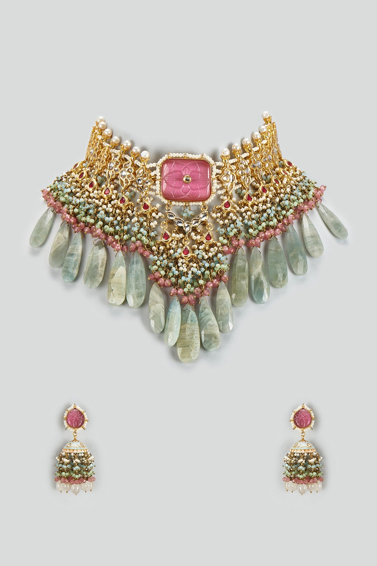 Gold Finish Kundan Polki & Semi-Precious Stone Necklace Set