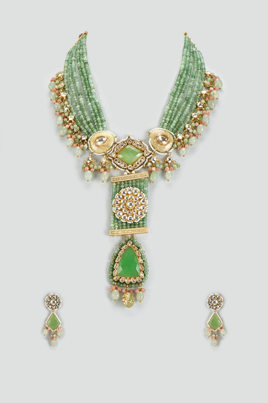 Gold Finish Kundan Polki & Semi-Precious Stone Necklace Set