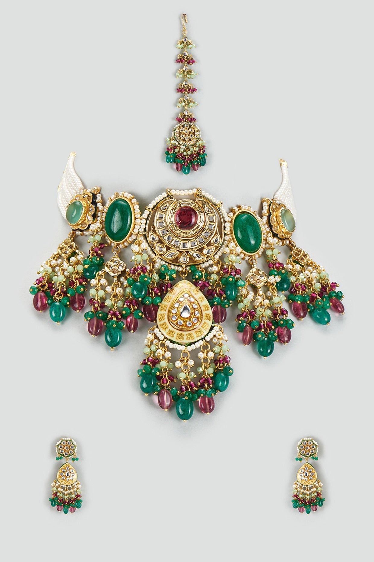 Gold Finish Kundan Polki & Semi-Precious Stone Choker Necklace Set