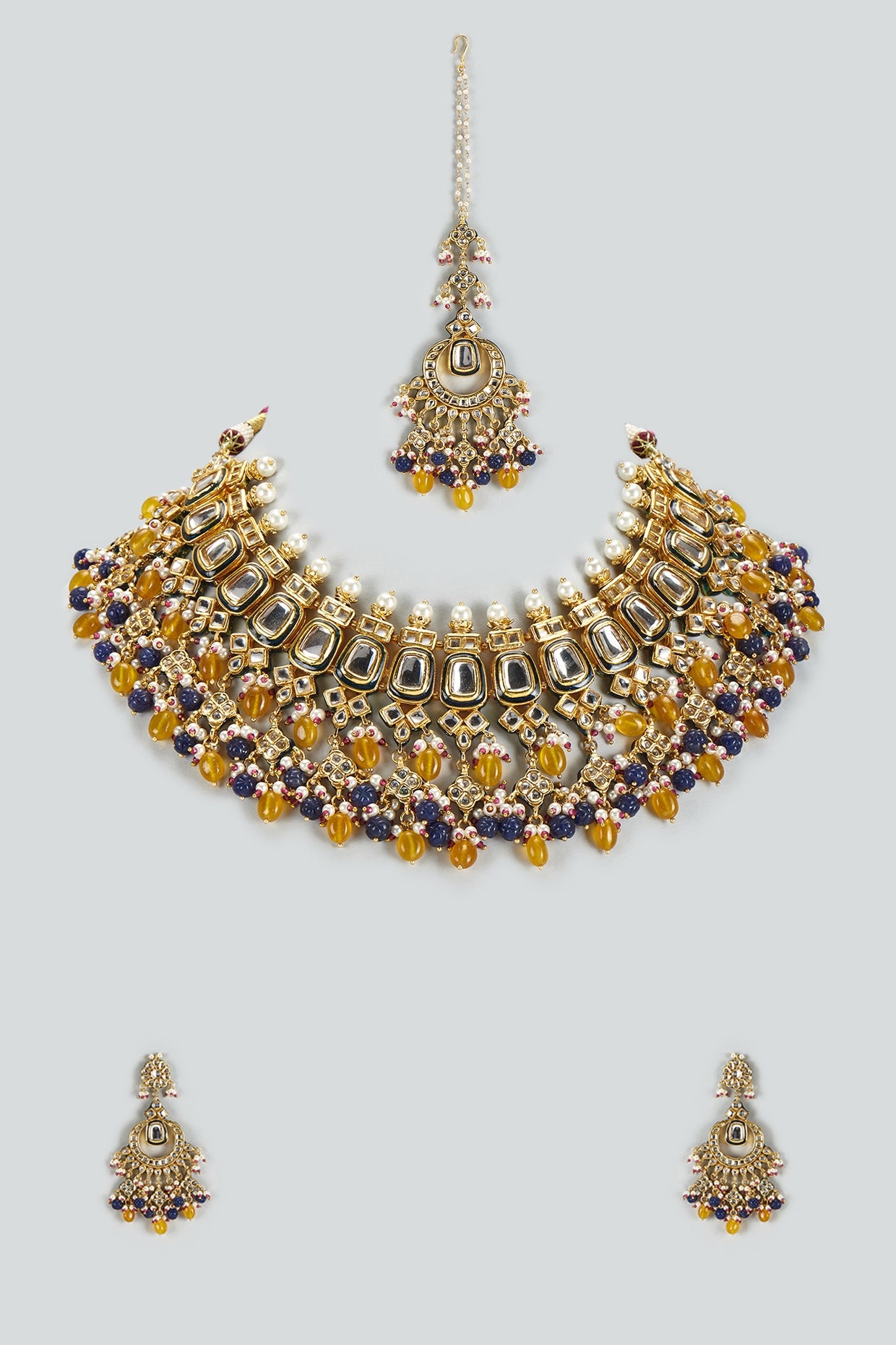 Gold Finish Kundan Polki & Semi-Precious Stone Necklace Set