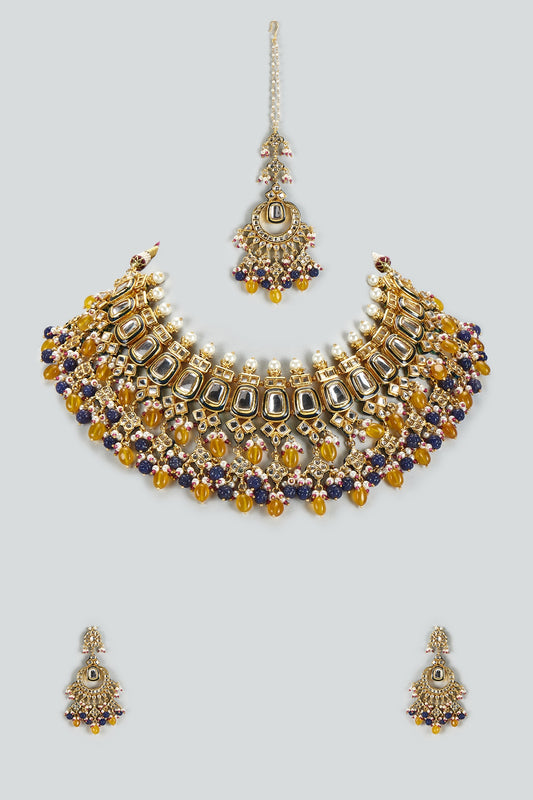 Gold Finish Kundan Polki & Semi-Precious Stone Necklace Set