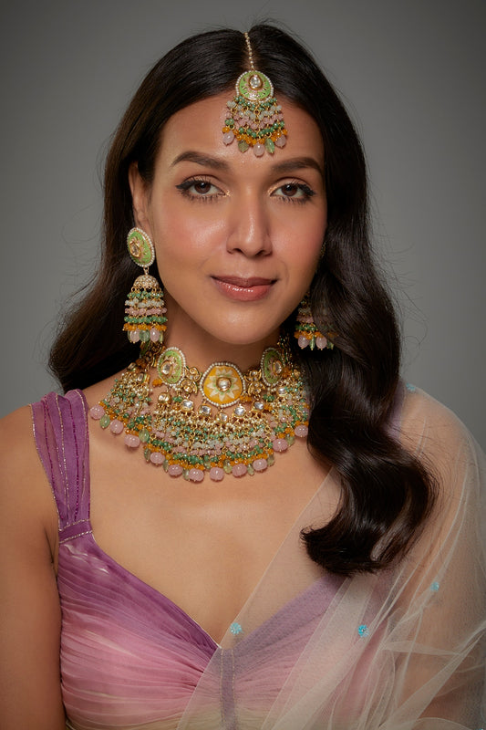 Gold Finish Kundan Polki & Semi-Precious Stone Necklace Set