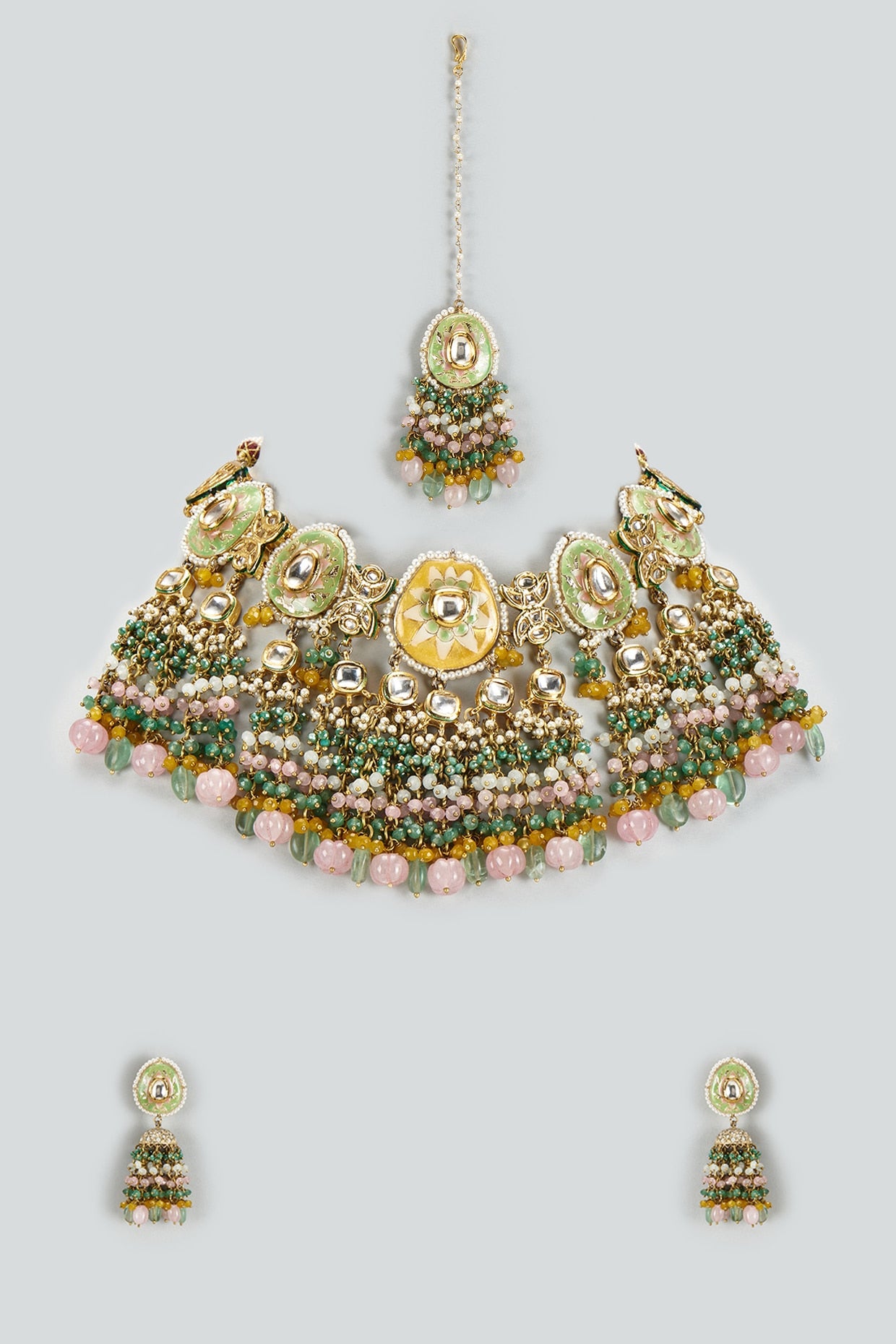 Gold Finish Kundan Polki & Semi-Precious Stone Necklace Set