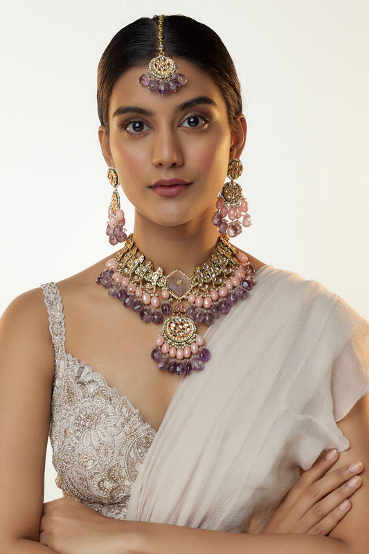 Gold Finish Kundan Polki & Semi-Precious Stone Necklace Set