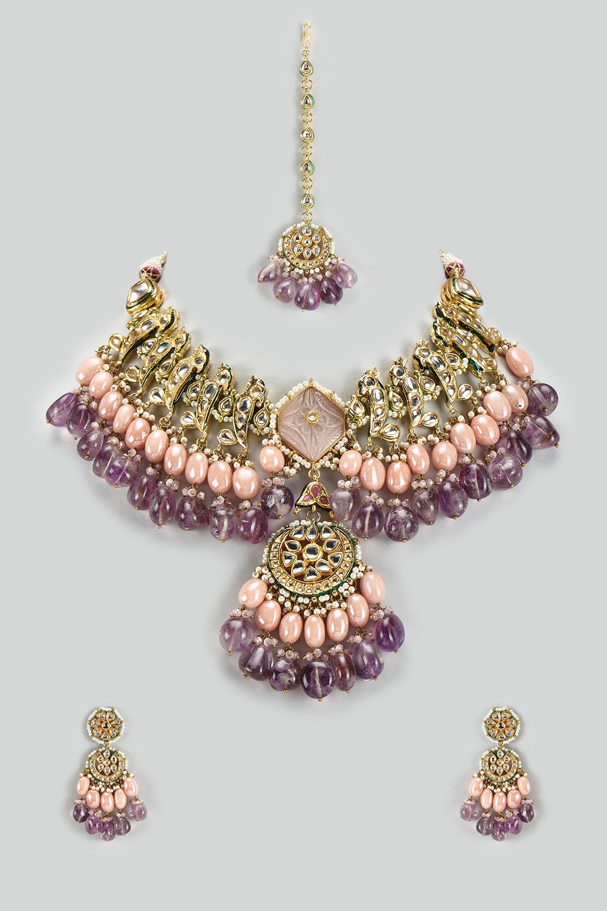 Gold Finish Kundan Polki & Semi-Precious Stone Necklace Set