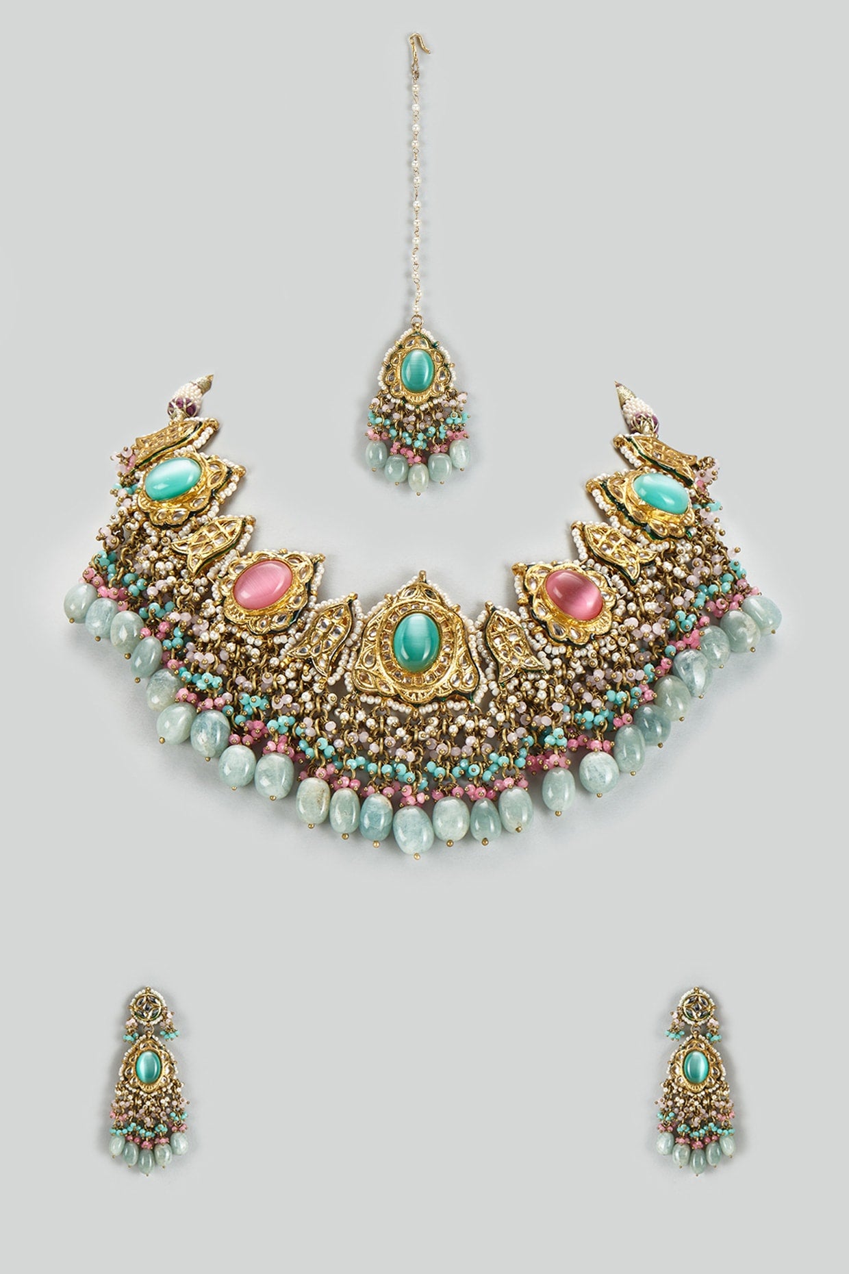 Gold Finish Kundan Polki & Semi-Precious Stone Necklace Set