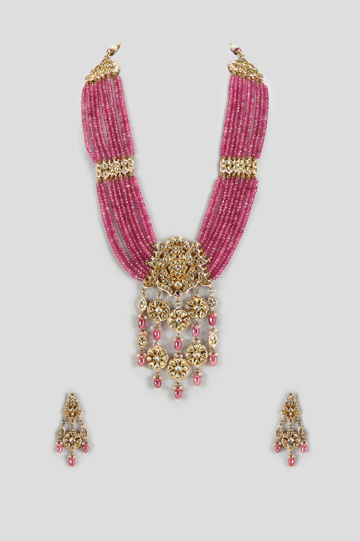 Gold Finish Kundan Polki & Semi-Precious Stone Long Necklace Set