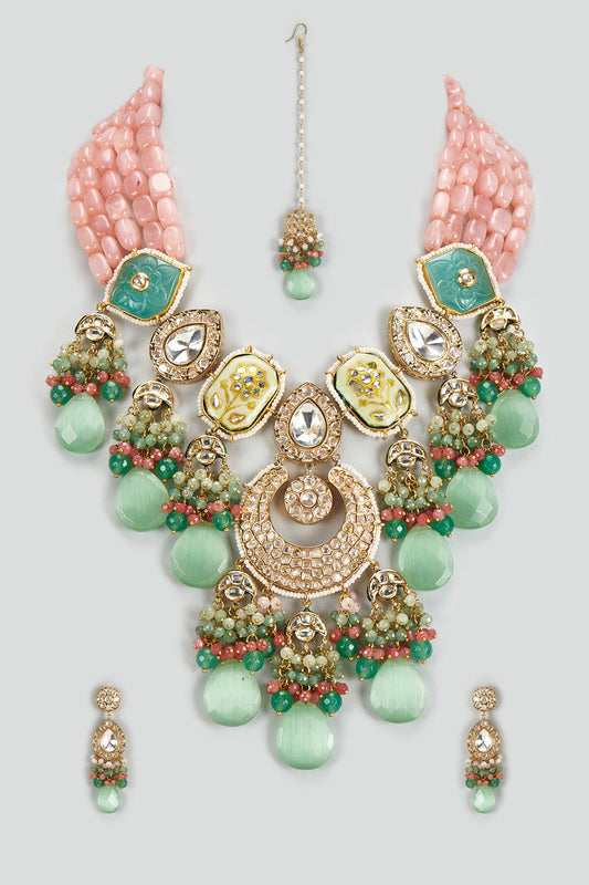 Gold Finish Kundan Polki & Semi-Precious Stone Necklace Set