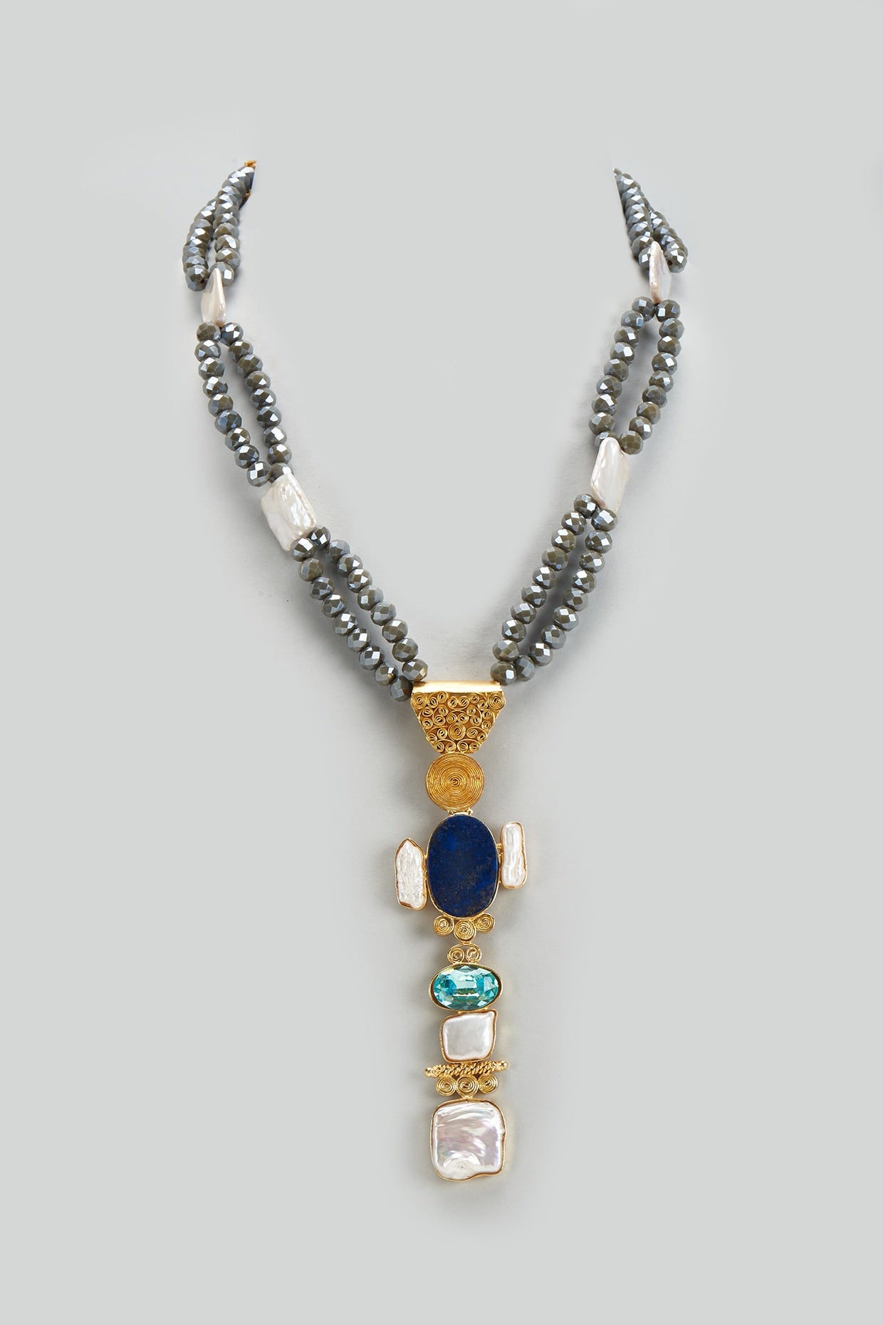 Gold Finish Semi-Precious Stone & Crystal Bead Necklace