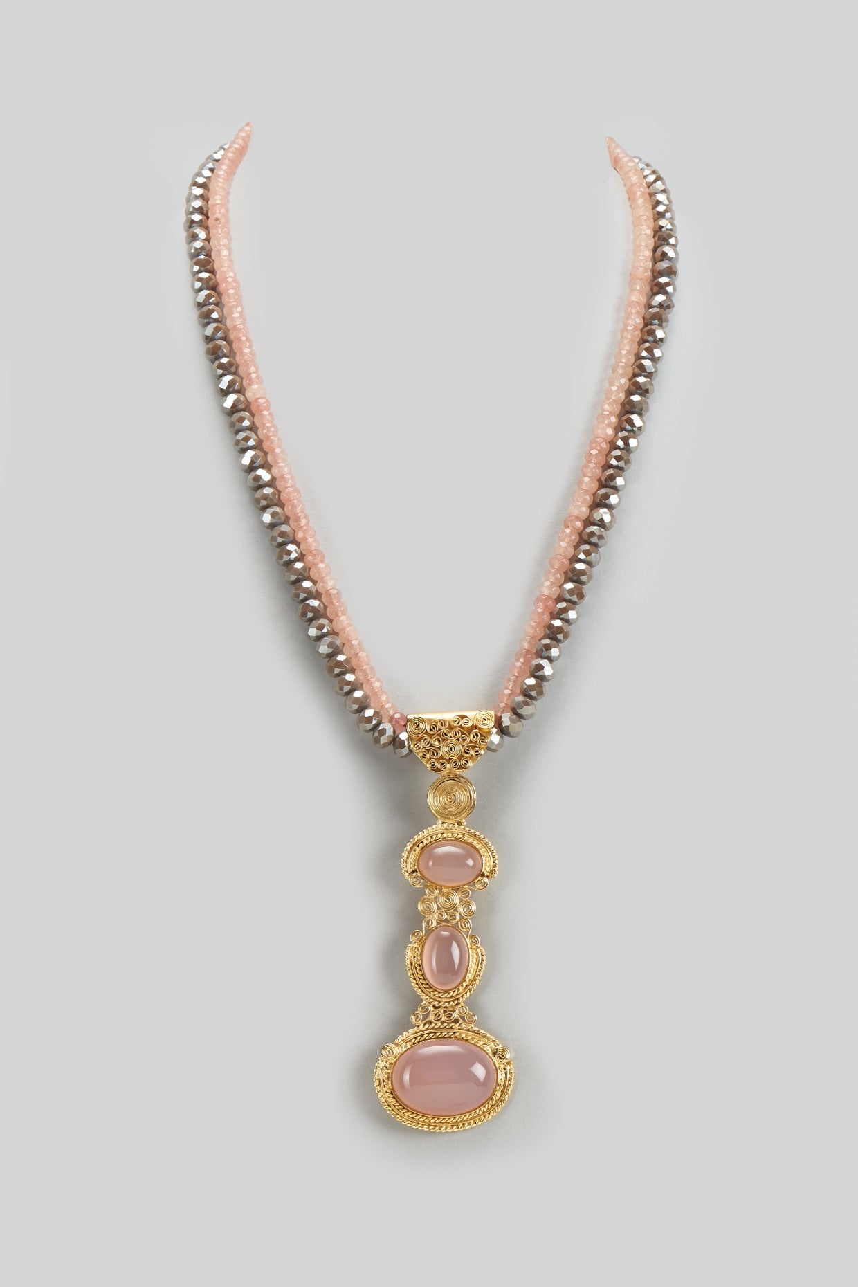 Gold Finish Semi-Precious Stone & Crystal Bead Necklace