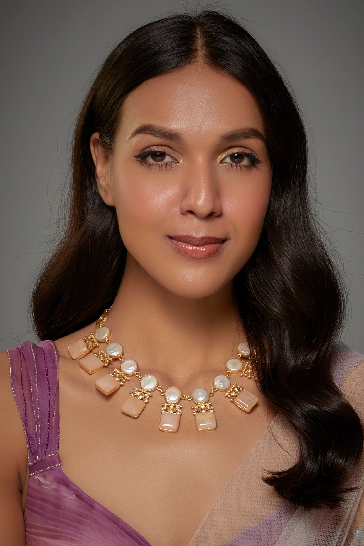 Gold Finish Semi-Precious Stone & Freshwater Pearl Necklace