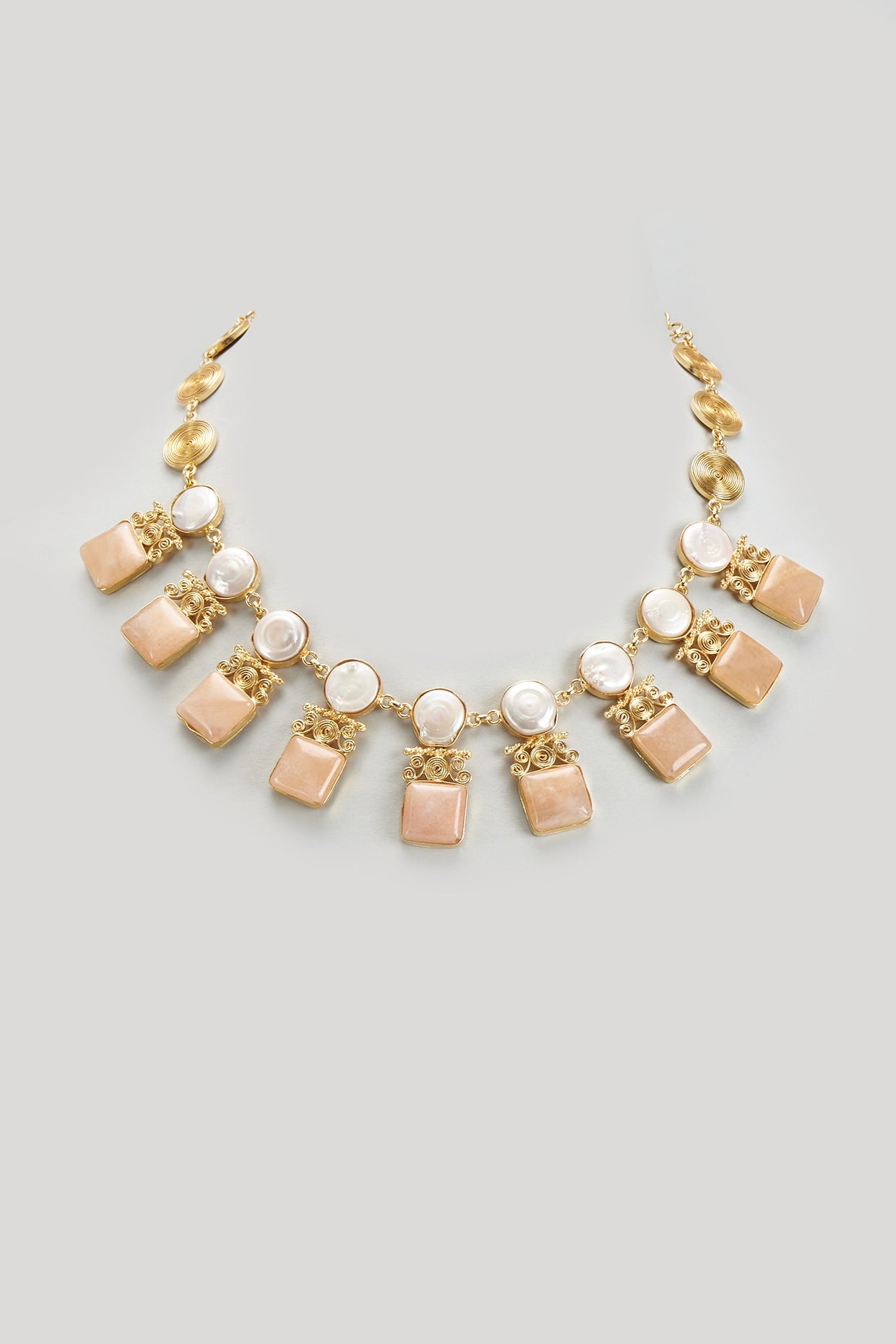 Gold Finish Semi-Precious Stone & Freshwater Pearl Necklace