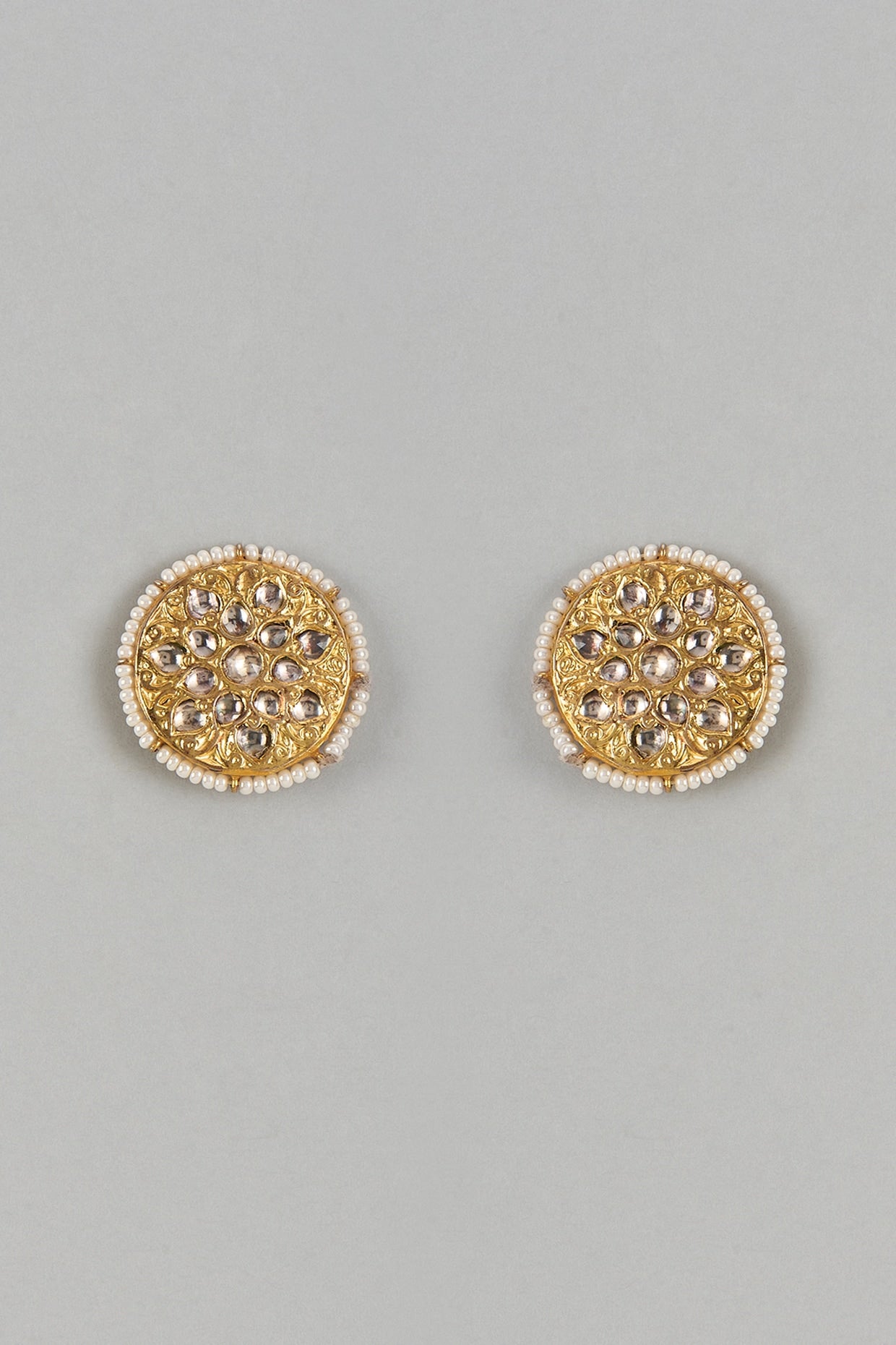 Gold Finish Moissanite Polki Stud Earrings In Sterling Silver