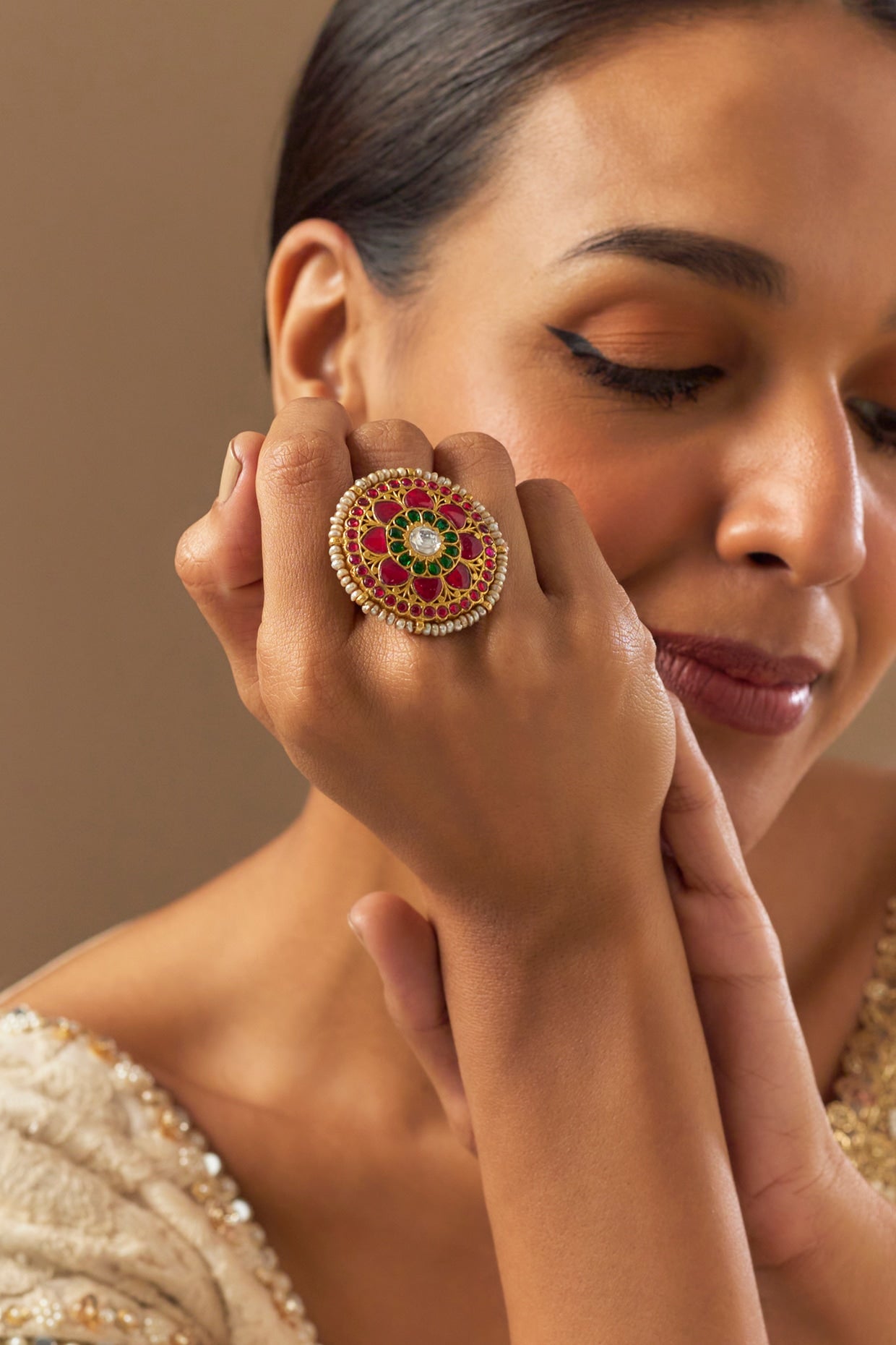 Gold Finish Kundan Polki Ring In Sterling Silver