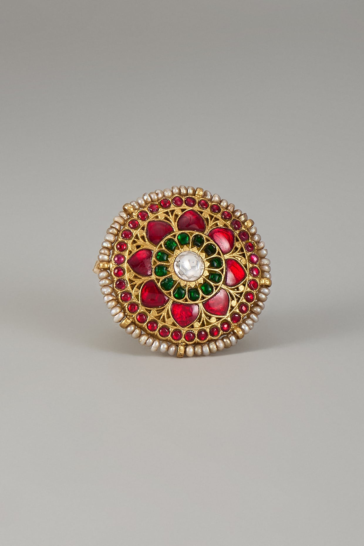 Gold Finish Kundan Polki Ring In Sterling Silver