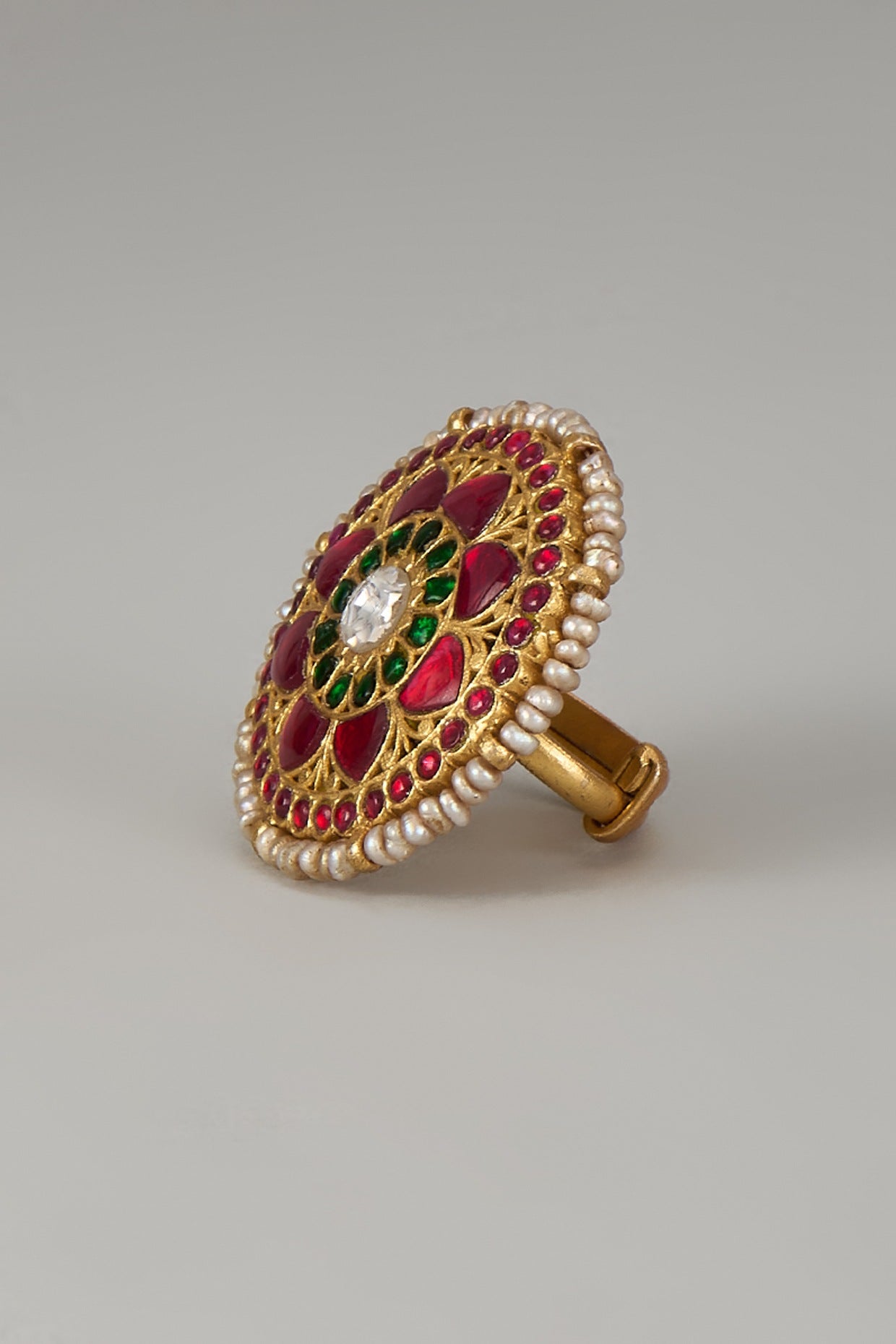 Gold Finish Kundan Polki Ring In Sterling Silver