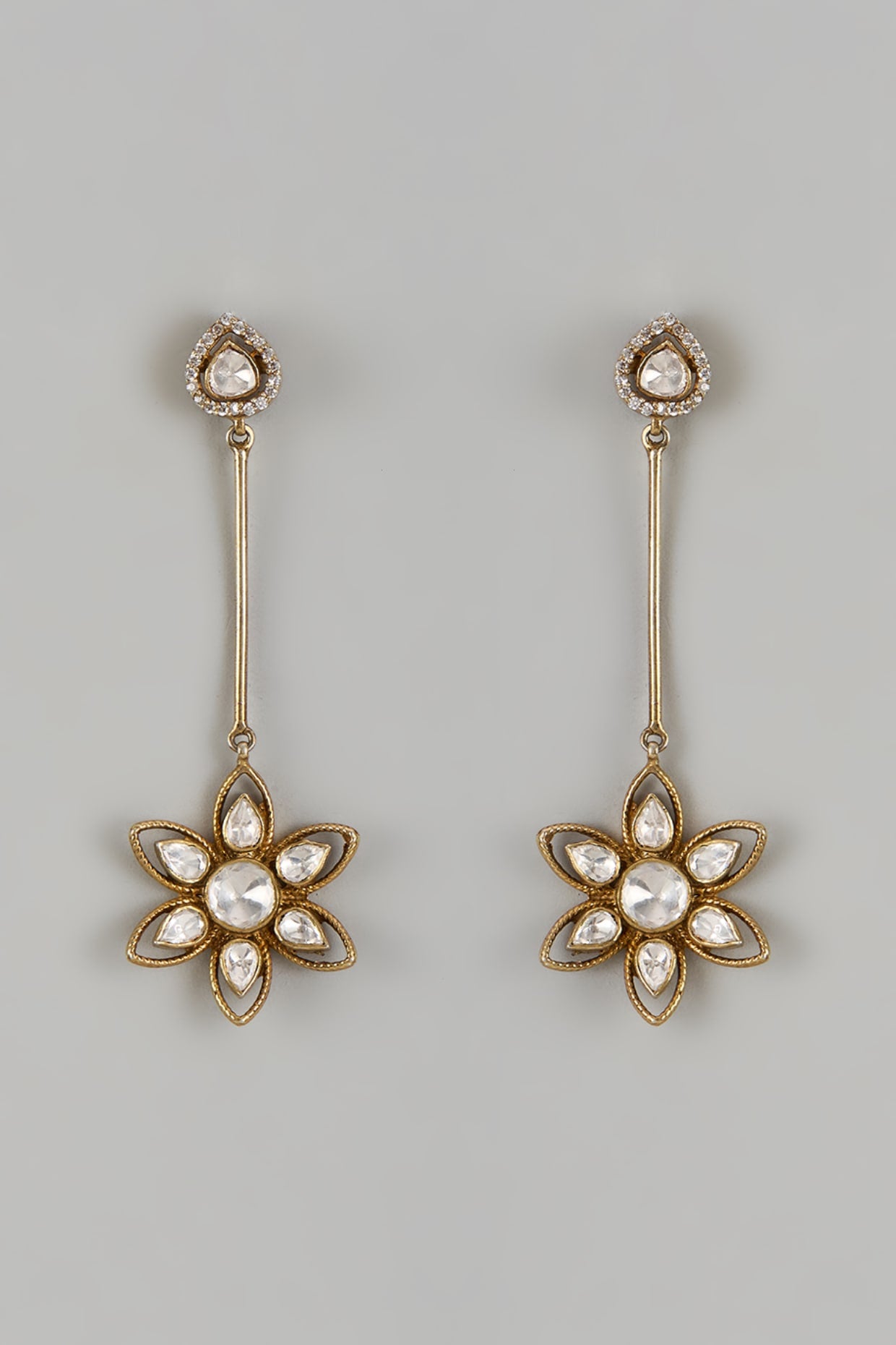 Gold Finish Moissanite Polki Dangler Earrings In Sterling Silver