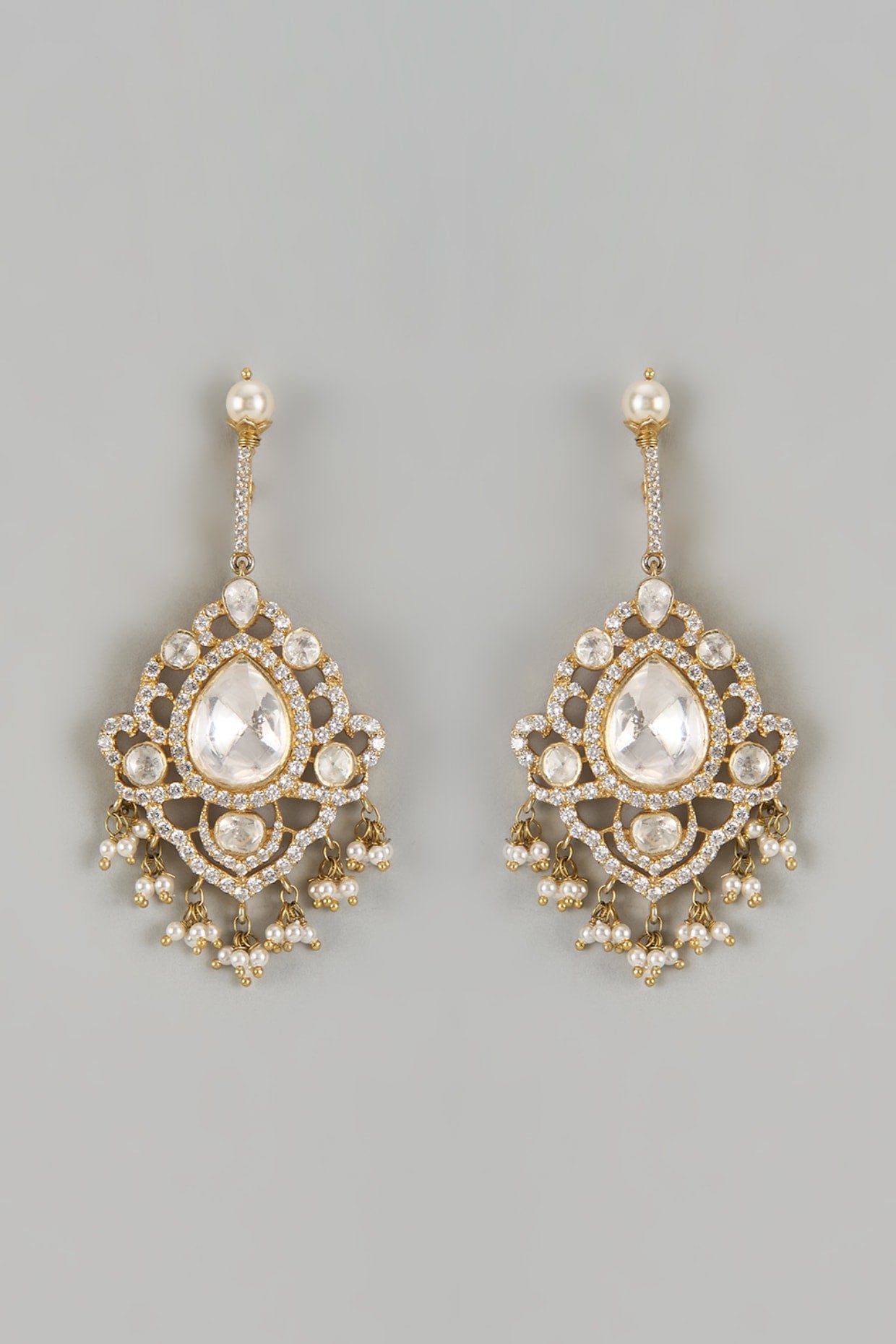 Gold Finish Moissanite Polki Dangler Earrings In Sterling Silver