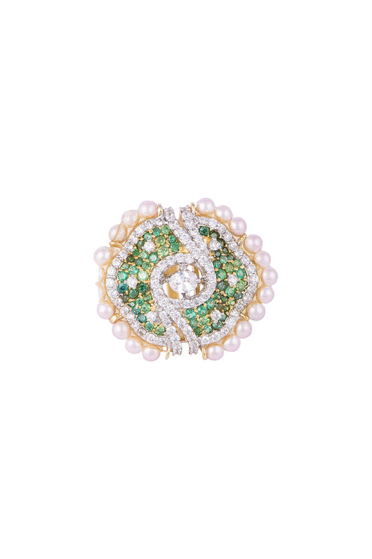 White & Gold Finish Cubic Zirconia, Ruby & Pearl Ring