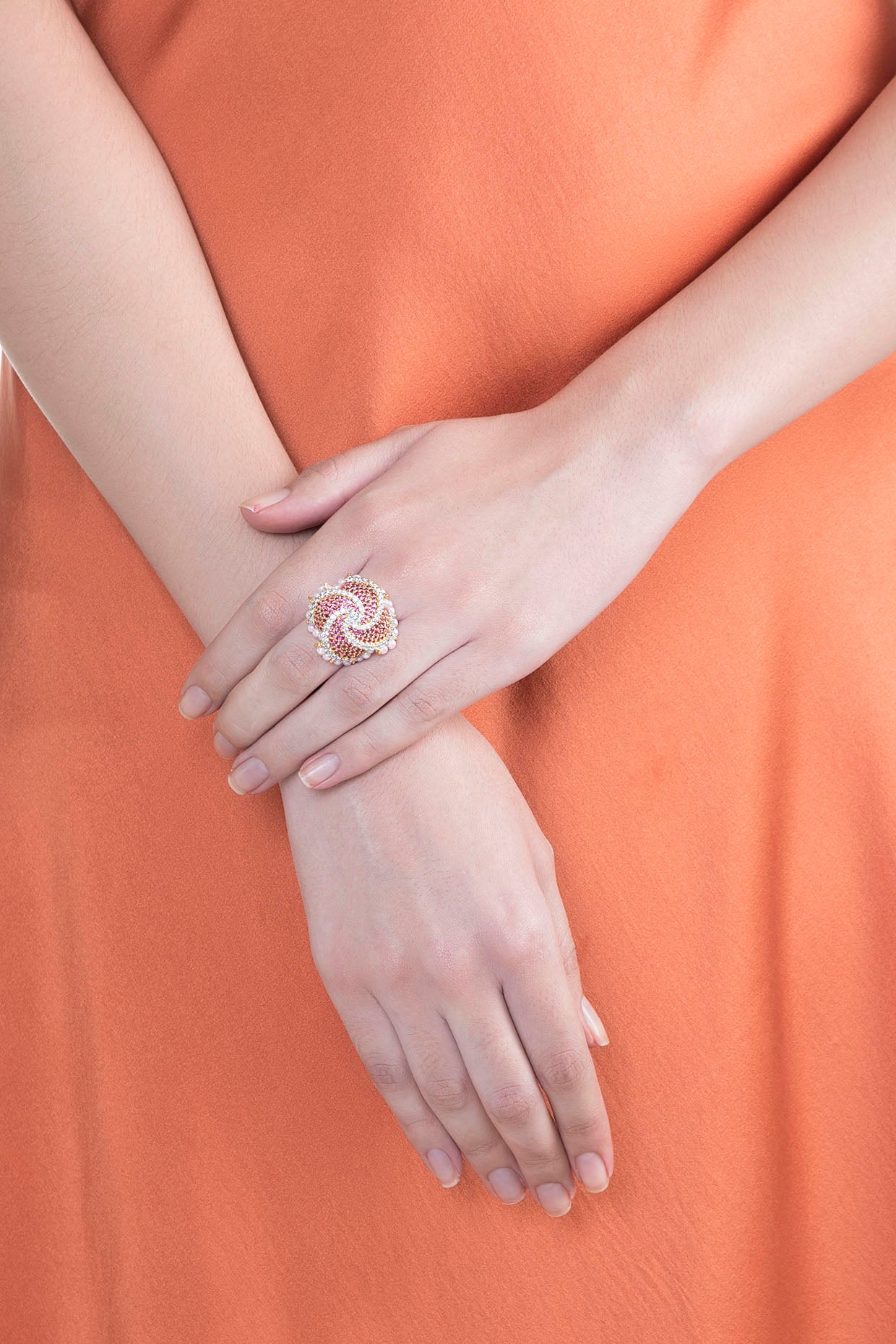 White & Gold Finish Cubic Zirconia, Ruby & Pearl Ring