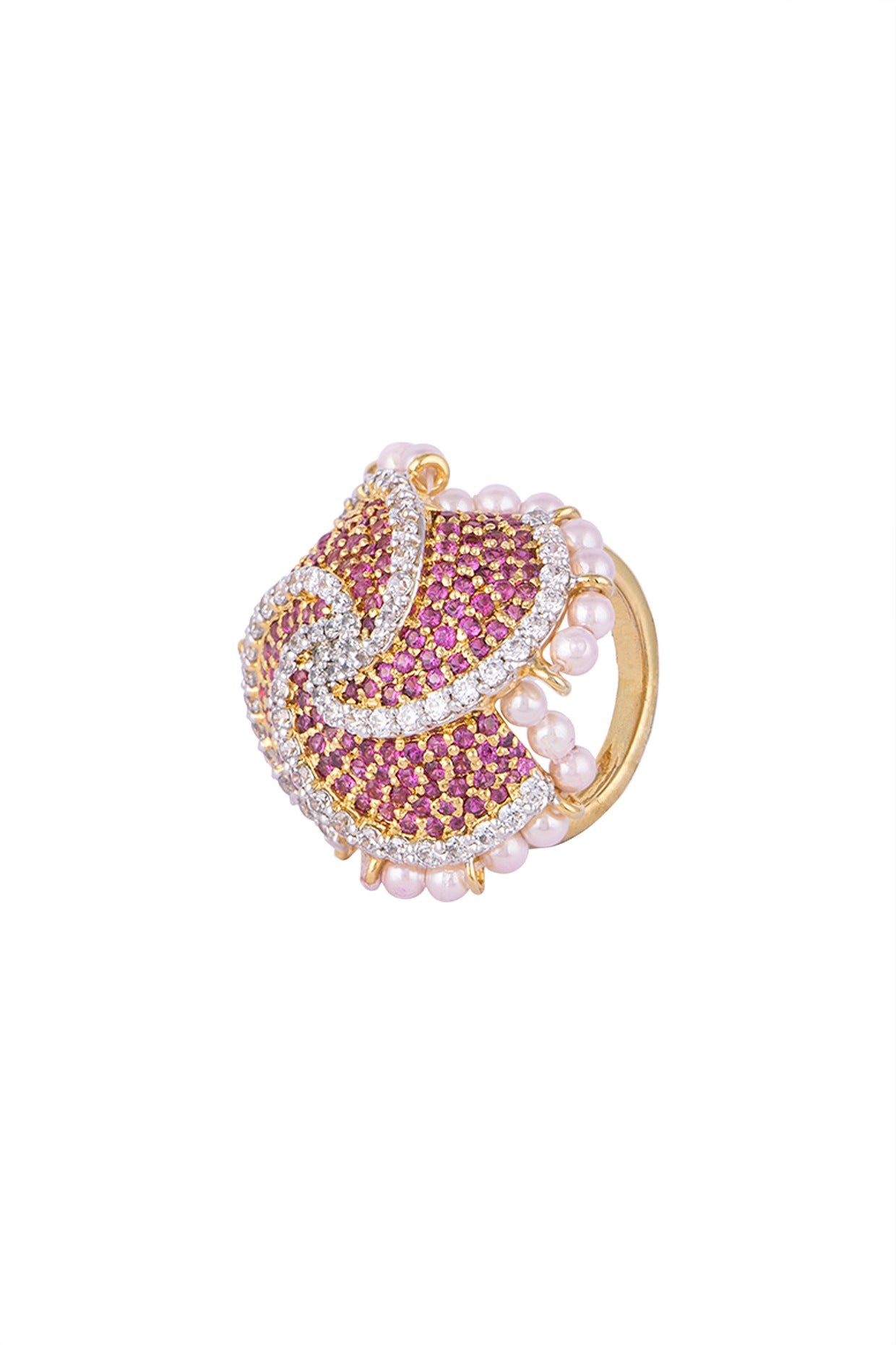 White & Gold Finish Cubic Zirconia, Ruby & Pearl Ring