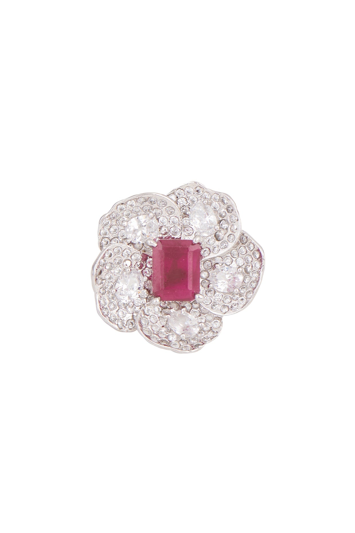 White Finish Ruby Floral Ring