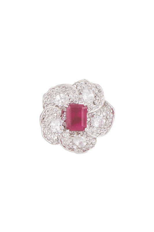 White Finish Ruby Floral Ring