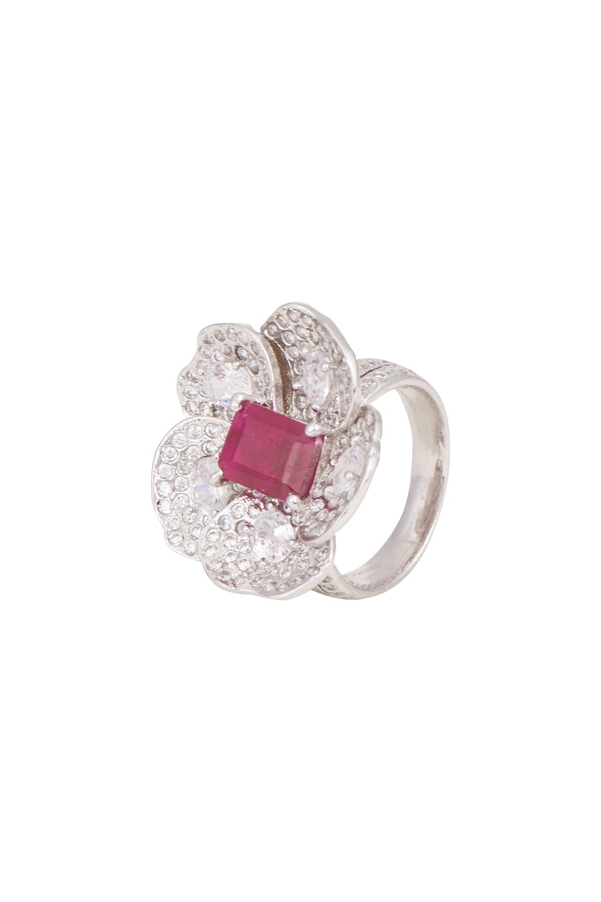 White Finish Ruby Floral Ring