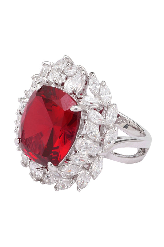 Rhodium Finish Red Ruby Stone and Zircon Ring