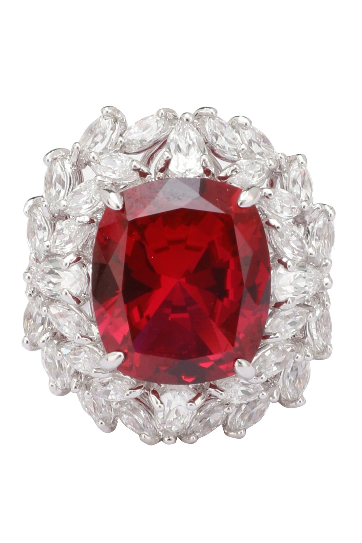 Rhodium Finish Red Ruby Stone and Zircon Ring