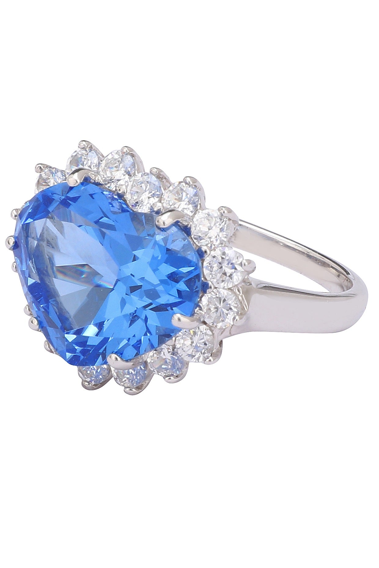 Rhodium Finish Blue Topaz and Zircon Heart Shaped Ring