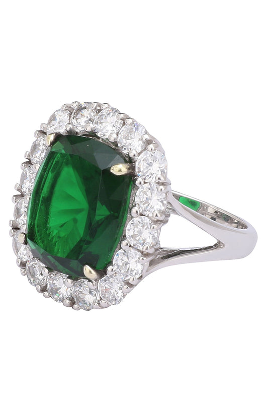 Rhodium Finish Green Emerald Stone and Zircon Ring