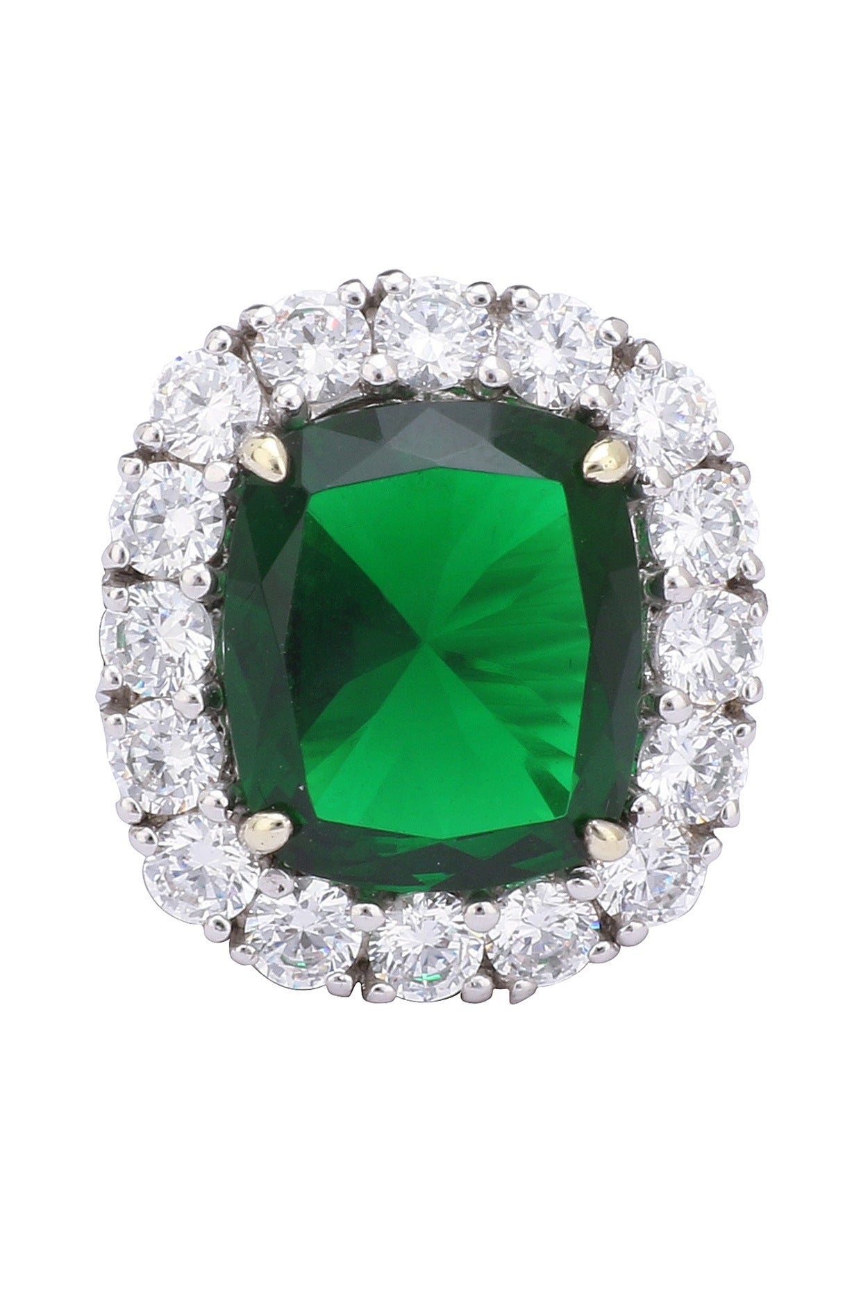 Rhodium Finish Green Emerald Stone and Zircon Ring