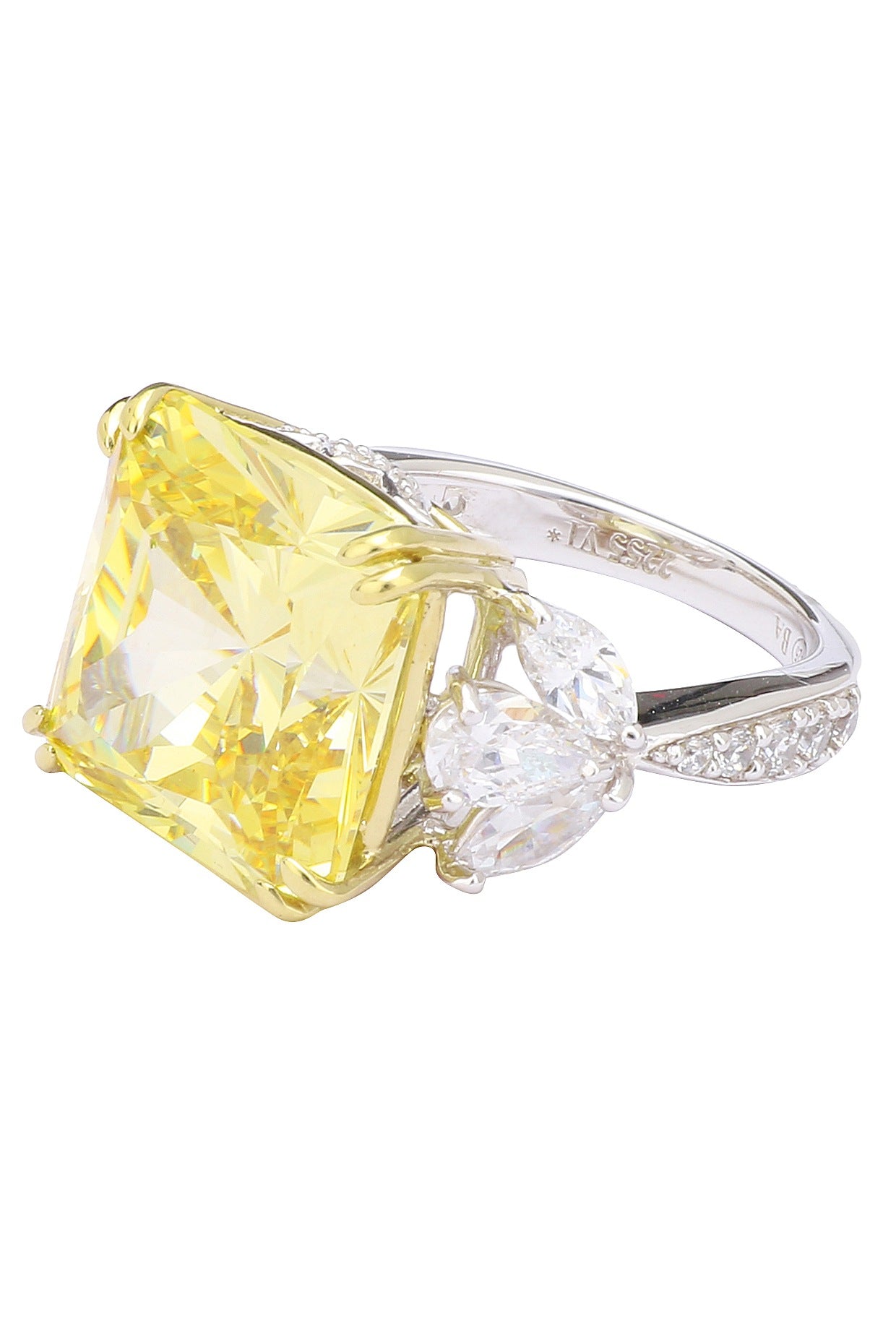 Rhodium and Gold Dual Finish Yellow Diamond and Zircons Ring